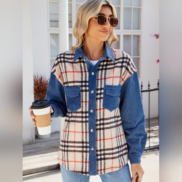 Plaid Long Sleeve Denim Jacket - Picture 5 of 9